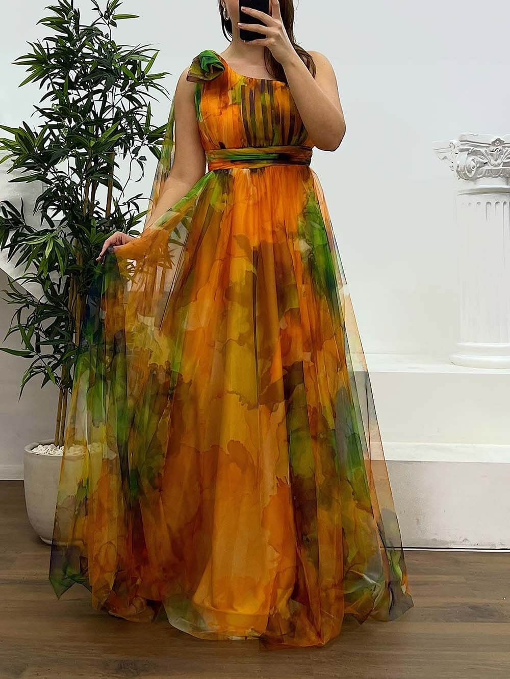 Robe de Soirée Grande Taille en Mousseline Imprimée à Une Épaule