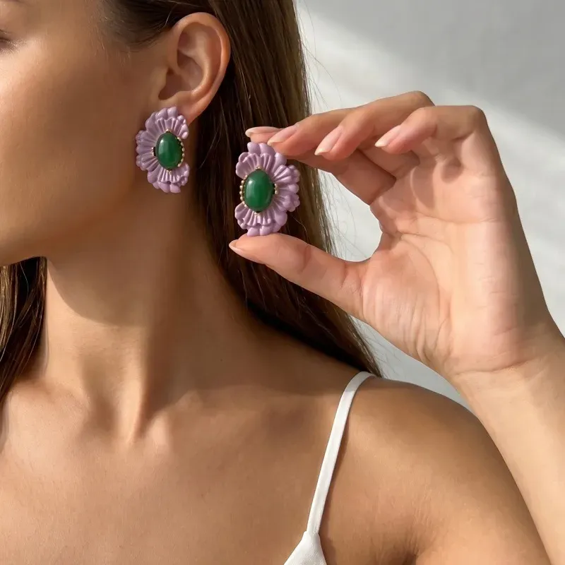 Boucles d’Oreilles Fleur en Alliage avec Verre – Tiges en Acier Inoxydable 304
