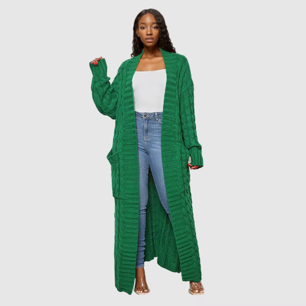 Manteau cardigan femme — Tricot torsadé loose, coupe longue tendance