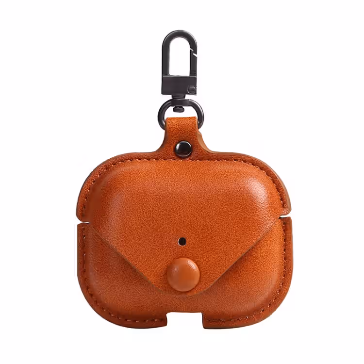 Coque de Protection en Cuir PU Texture Litchi pour AirPods Pro avec Mousqueton – Marron