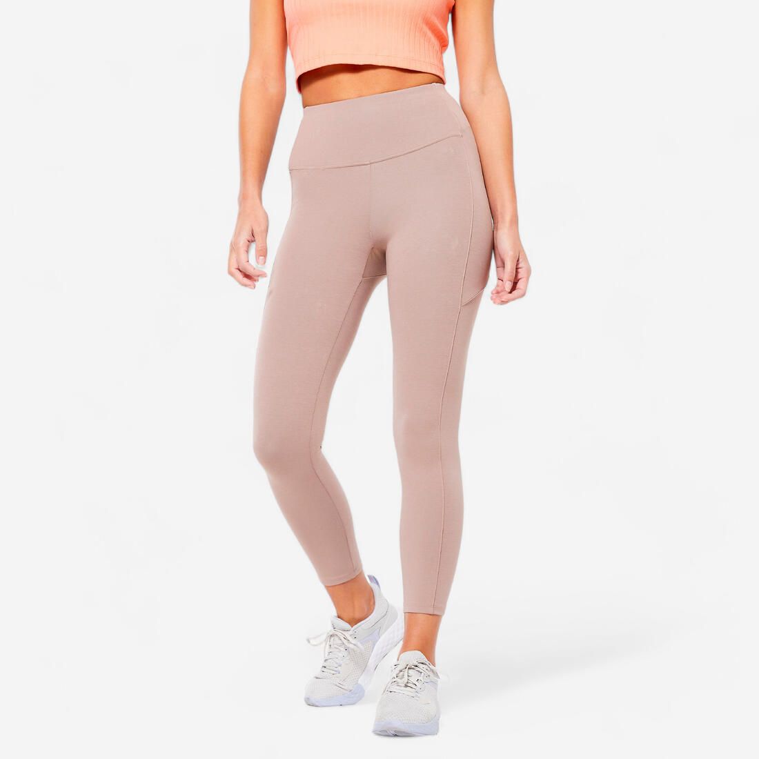 Legging de sport 7/8 taille haute et gainant femme, marron givré