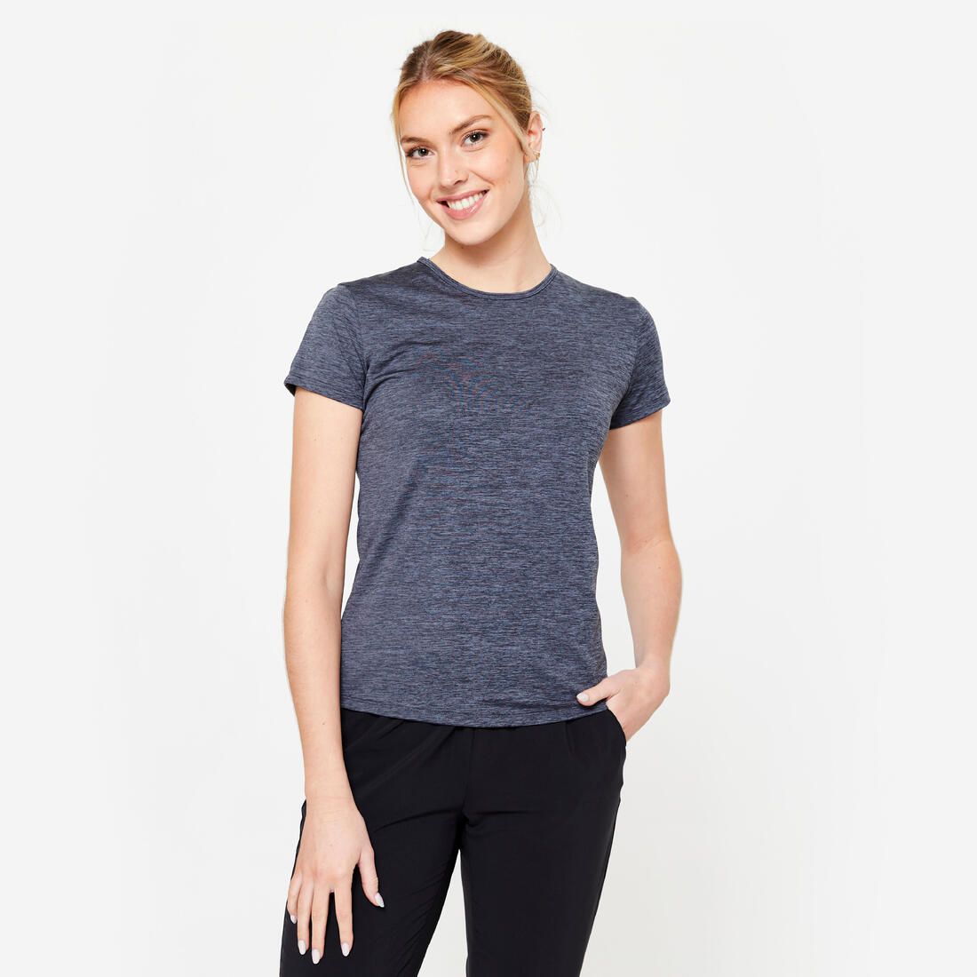 T-shirt manches courtes fitness cardio femme, gris chiné