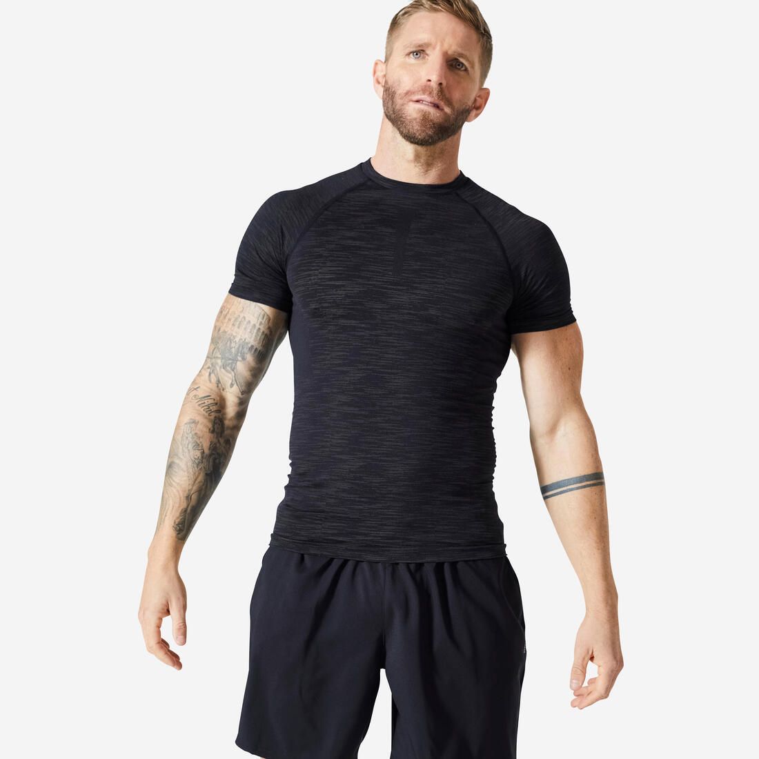 T-shirt musculation compression manches courtes respirant col rond homme - noir